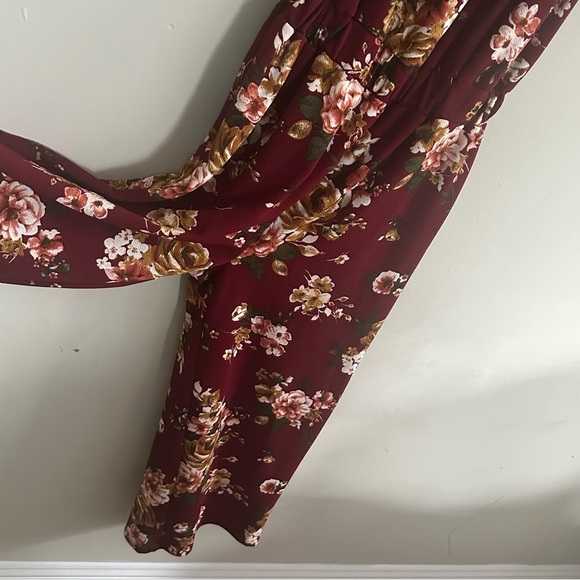 Altar’d State Burgundy/Maroon Floral Print On or Off the Shoulder Jumpsuit - Picture 5 of 15